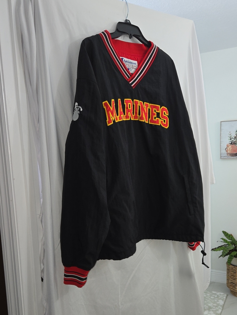 Vintage Champion Black Pullover Windbreaker with Red and Yellow MARINES Logo